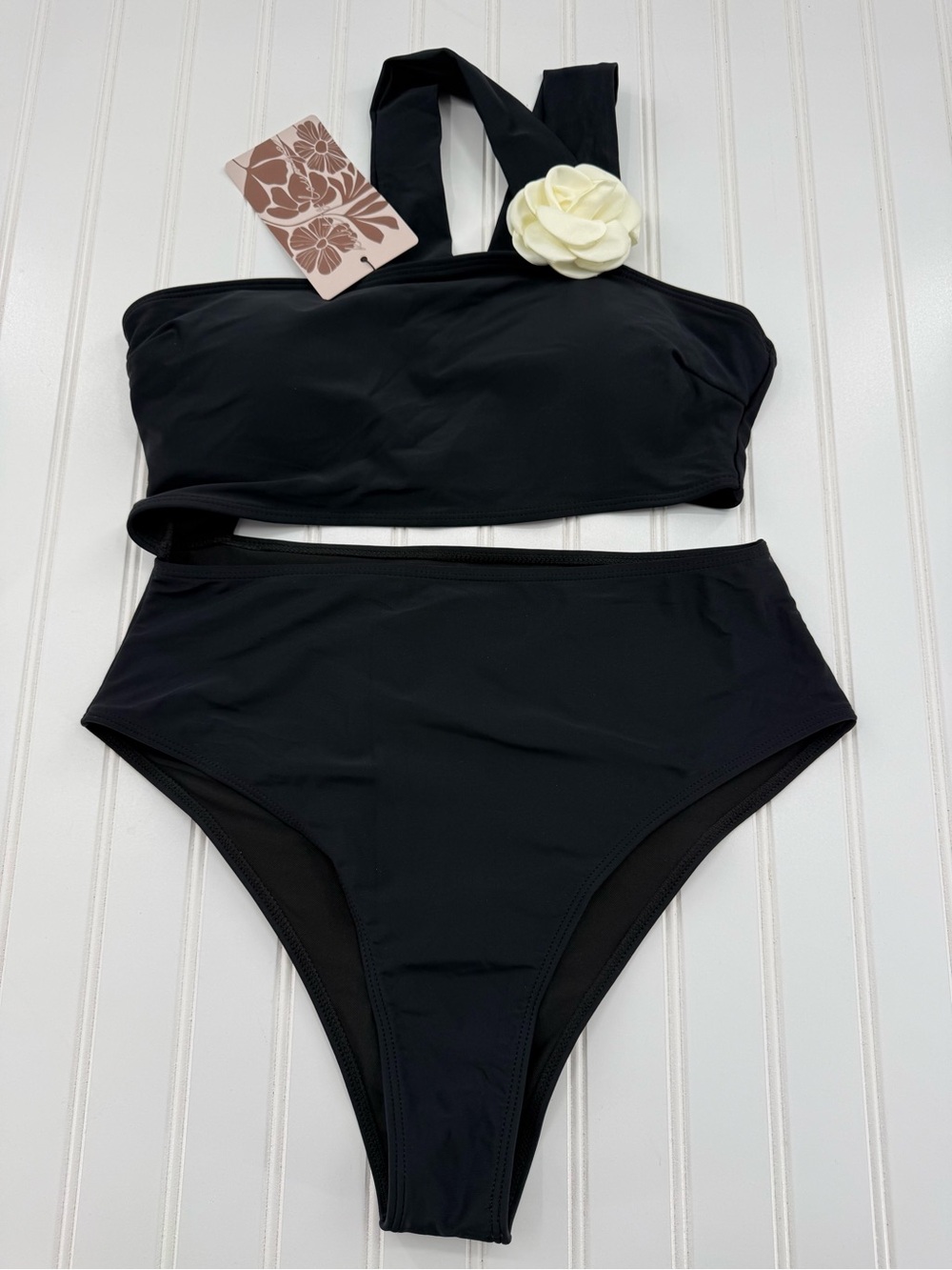 NWT Knit and Lounge One Shoulder Floral Detail Asymmetrical High Waist Swimsuit - Picture 2 of 14